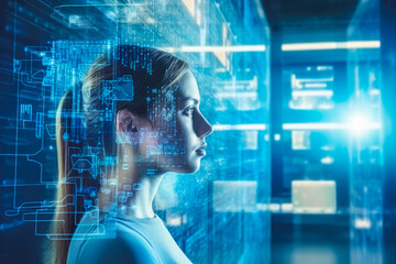 Online education e learning concept, double exposure, virtual learning technology