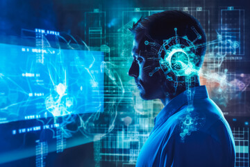 Online education e learning concept, double exposure, virtual learning technology