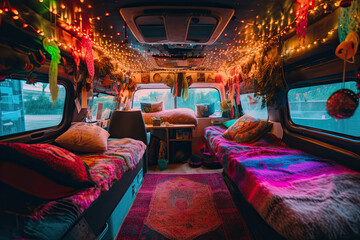 Obraz na płótnie Canvas Illustration of a holiday decorated interior of a camper van