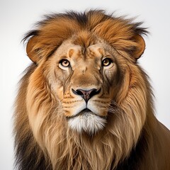 Close-up of lion face in front of white background AI generated image