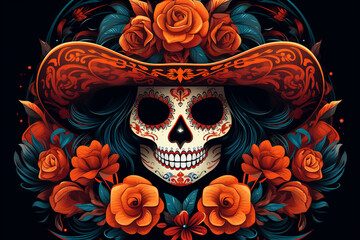 La Catrina dia de muertos bemalter Schädel mit Maske / Make-up. Dekoriert mit Blumen. Tag der Toten in Mexico. Querformat. Generative Ai.