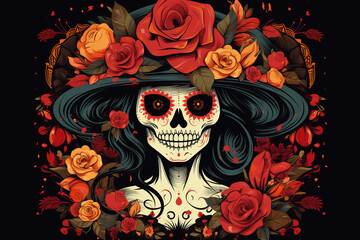 La Catrina dia de muertos bemalter Schädel mit Maske / Make-up. Dekoriert mit Blumen. Tag der Toten in Mexico. Querformat. Generative Ai.