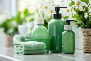 Fototapeta na wymiar Numerous cosmetic and beauty products in a wellness bathroom.