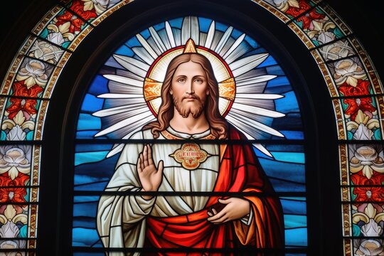 Stained glass of jesus christ savior of the world.