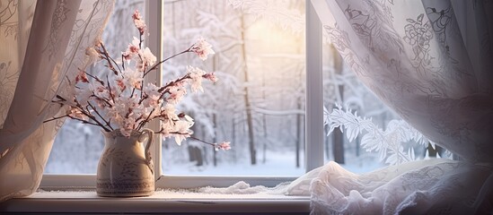 A curtain-adorned window frames a flower next to a snow-laden tree.