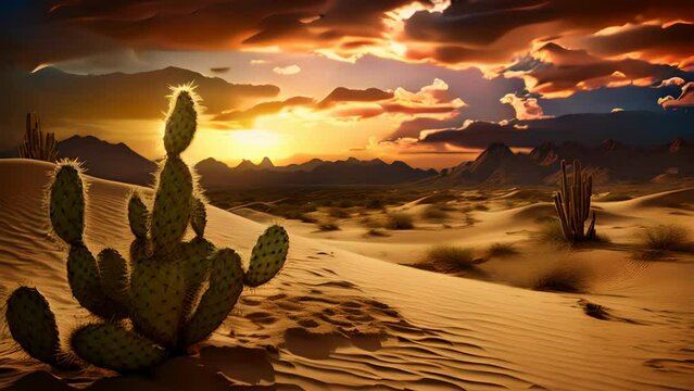 A rugged desert landscape with sand dunes with cactus and cacti at sunset as found in the old west, Timelapse stunning Scenic World Video Landscapes, Generative AI