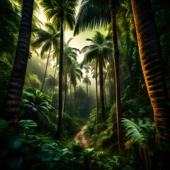 Fototapeta premium A lush tropical forest with tall trees and palm trees