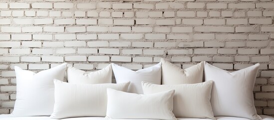 Loft-style bedroom with white brick wall backdrop and pillows on the bed.