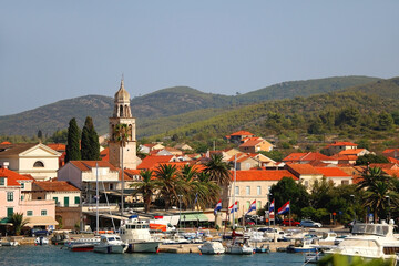 Promenade in Vela Luka, picturesque small town on island Korcula, Croatia.