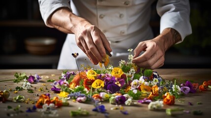 gourmet chef creating an intricate dish with edible flowers generative ai