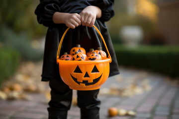 Children holding a pumpkin on Halloween trick or treat