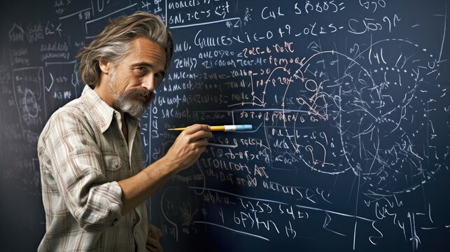 mathematics professor solving complex equations on a whiteboard generative ai
