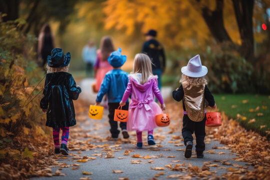 Children holding a pumpkin on Halloween trick or treat