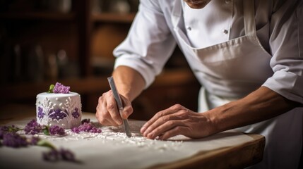 Obraz na płótnie Canvas pastry chef crafting delicate desserts with intricate designs generative ai