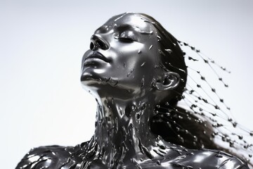 Portrait of a woman made of liquid mercury.