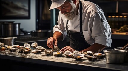 seafood chef shucking oysters and preparing seafood platters generative ai - Powered by Adobe