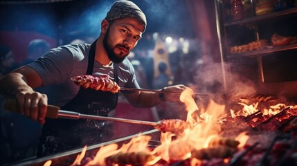 street food vendor chef grilling kebabs on an open flame generative ai - obrazy, fototapety, plakaty