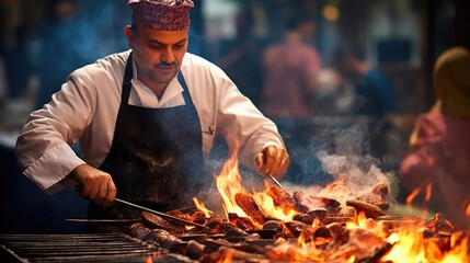 street food vendor chef grilling kebabs on an open flame generative ai