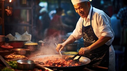 Fototapeta premium street food vendor chef grilling kebabs on an open flame generative ai
