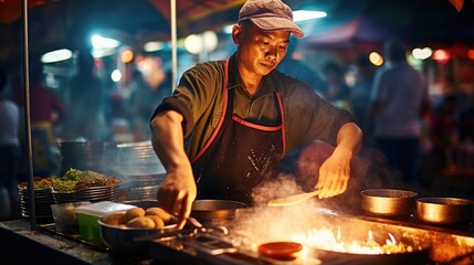 street food vendor chef grilling kebabs on an open flame generative ai - obrazy, fototapety, plakaty