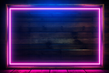 Empty stage with neon lights and wood floor background