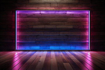 Empty stage with neon lights and wood floor background