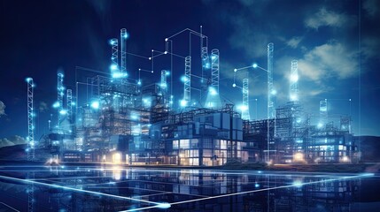 Fototapeta premium Modern factory, communication network. Telecommunication. IoT, Internet of Things, ICT, Information communication Technology,. Smart factory. Digital transformation, cloud connecting, generate by AI