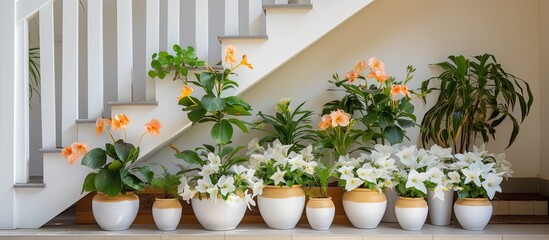 White potted flowers decorate the staircase during spring.