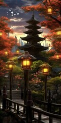 Japanese yen style, pagoda, lamps, lanterns, trees,