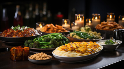 Obraz premium Generative AI, traditional Thanksgiving dinner, corn, turkey, vegetables, autumn harvest, appetizing tasty dishes on a set table, mashed potatoes, holiday