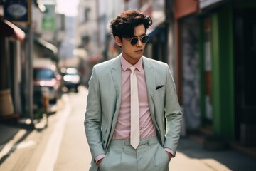 Candid Street Portrait of a Fictional Korean Businessman Wearing an Elegant Stylish Pastel Suit. Generative AI.