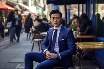 Candid Street Portrait of a Fictional Asian Businessman Wearing an Elegant Stylish Royal Blue Suit. Generative AI.