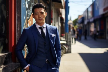 Candid Street Portrait of a Fictional Korean Businessman Wearing an Elegant Stylish Blue Suit. Generative AI.