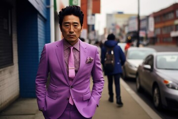 Candid Street Portrait of a Fictional Korean Businessman Wearing an Elegant Stylish Purple Suit....