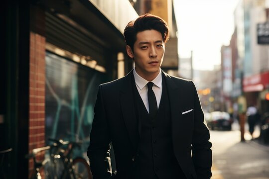 Candid Street Portrait of a Fictional Asian Businessman Wearing an Elegant Stylish Black Suit. Generative AI.