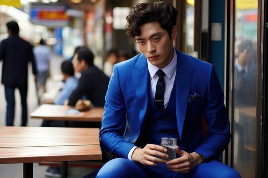 Candid Street Portrait of a Fictional Korean Businessman Wearing an Elegant Stylish Royal Blue Suit. Generative AI. - Powered by Adobe