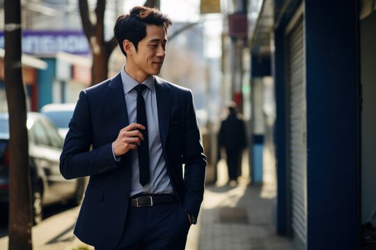 Candid Street Portrait of a Fictional Korean Businessman Wearing an Elegant Stylish Navy Blue Suit. Generative AI.