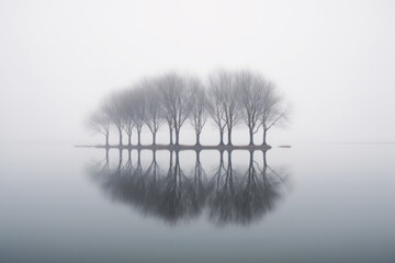 Minimalist landscape with bare trees on an island in late autumn or winter