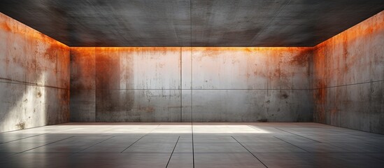 Abstract architectural background with a gray concrete interior and rusted metal sheets. illustration and rendering.