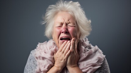 Portrait of elderly woman sneezing. - obrazy, fototapety, plakaty