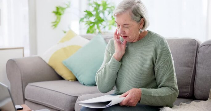 Senior woman, stress and headache with notebook planning, asset management risk and crisis or financial mistake. Elderly person with anxiety or confused for loan, budget or pension research at home