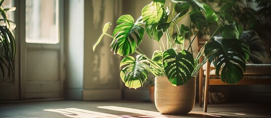 Green monstera plant in flowerpot on apartment floor, exposed to sunlight.