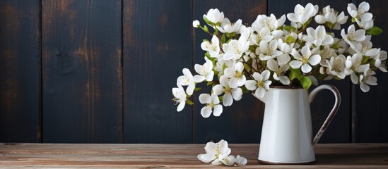 White flowers in old wooden jug with painted background.