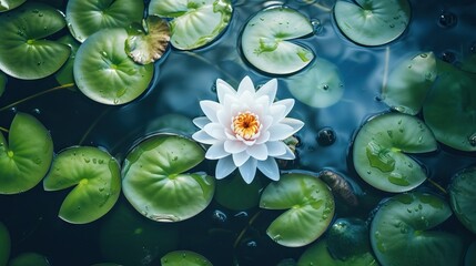 White Water Lily with green pod surrounding ariel view