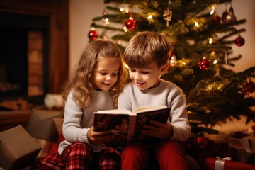 Fototapeta na wymiar Children sit in front of the Christmas tree in the living room and read a book