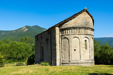 Fototapeta na wymiar San Juan de Busa romanesque church. Biescas municipality, Serrablo, Huesca province, Aragon, Spain