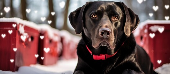 Black labrador retriever dog in the snowy suburbs, adorned with Valentine's Day hearts near the barn.