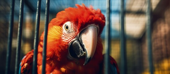 Close-up photo of a captive parrot in a red cage, with the focus on its face, creating a strong visual impact.