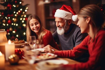 Family having Christmas dinner at home, gathered around the table, enjoying their time together