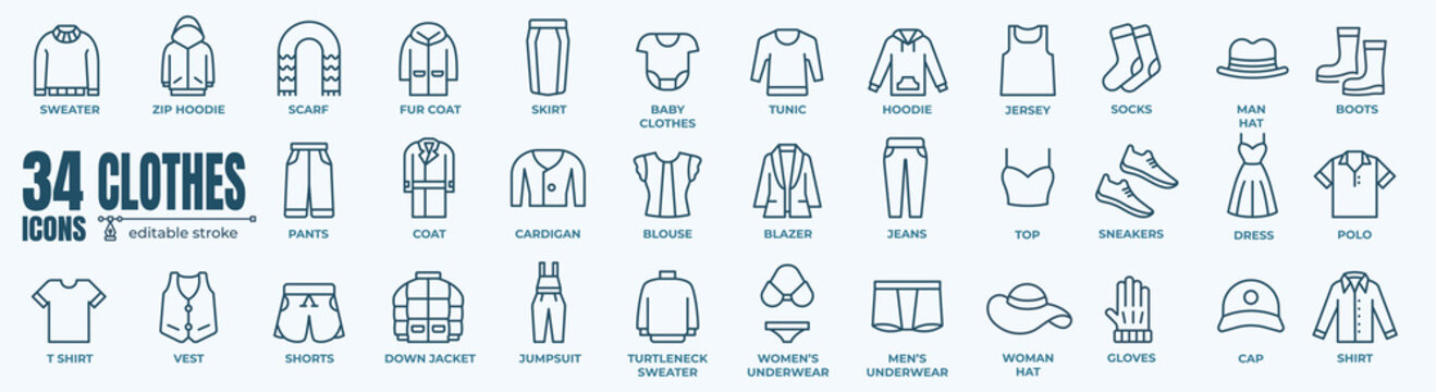 clothes and cloth elements - minimal thin line web icon set. Outline editable icons collection. Simple vector illustration.